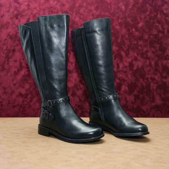 David Tate Women Timmy Black Leather Wide Calf Fit Riding Tall boots sz 8 - Picture 1 of 9